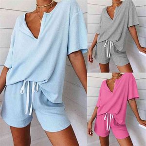 여성을위한 잠옷 면화 솔리드 파자마는 여름 잠옷을 세트 홈 의류 룸 착용 간단한 homewear Pijama Verano Mujer 210330