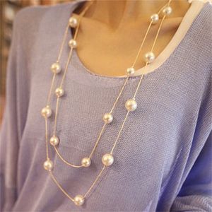 New Long Double Layer Simulated Pearl Necklace Women Sweater Chain Necklace Female Collares Statement Jewlery Wholesale 2021 735 Q2