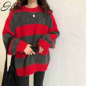 H.SA Kvinnor Casual Pullovers Loose Syle Chic Femme Striped Oversize Jumper Korean Off Shoulder Kawaii Pull Sweater 210417