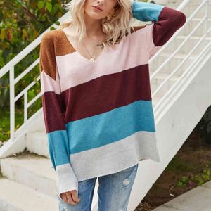 Mulher casual solta listra colorida v neck suéter primavera outono moda moda senhoras retrocesso knitwear feminino chique tops grandes 210515