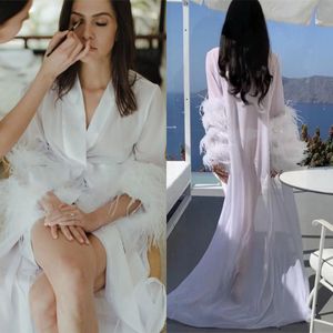 Vit fjäder bridal prom klänning badrock sovkläder nattklänning fest badrockar pyjams robe brud badrockar kvinnor pyjamas