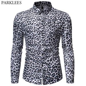 Vahşi Leopar Baskılı Gömlek Erkekler Gece Kulübü Parti Dans Erkek Uzun Kollu Gömlek Slim Fit Rahat Sosyal Streetwear Camisa Masculina 210524