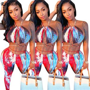 RStylish 2021 Summer Tie Dye Print Lace Up Halter Crop Top and Legging Pants Two Piece Set Sexy Clubwear Party Outfit Streetwear X0709