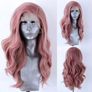 Long Pink Perruque Human Hair Wig Body Wave Lace Front Syntetiska peruker Värmebeständig för svarta / vita kvinnor