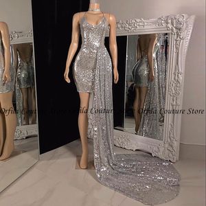 Silver Sparkly Sequined Evening Dress Backless Sexy African Black Girls Short Prom Dresses 2021 With Long Train