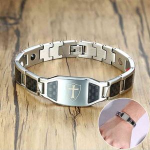 Cross Magnetic Bracelet Men Stainless Steel Hand Chain ID Bracelets Black Carbon Fiber Magnetic Energy Bracelet Men Drop 210812