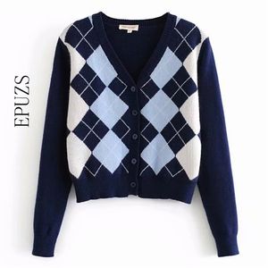 Kobiety Blue Cardigan Sweter Vintage Geometryczny Wzór Krótki Trykotowy Sweter Zima Z Długim Rękawem English Style Crop 210521