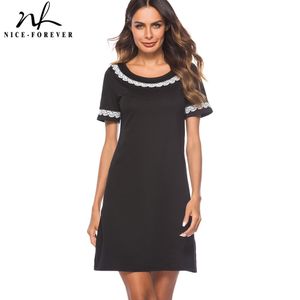 Bel-Forever Elegante Breve Blow Black Color Collo Round Collo con Vestidos di pizzo Manica corta Lavoro Donne Dritte Spostamento Sample Summer Dress T033 210419