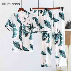 JULY'S SONG 3 PZ Pigiama in viscosa Set Pigiama da donna Casual Manica lunga Indumenti da notte Stampato Pantaloncini da pigiama estivo Abbigliamento da casa femminile 210830