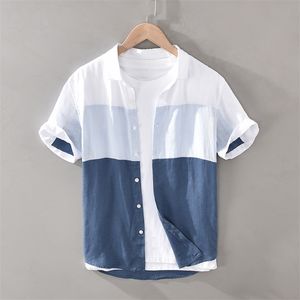 1728 Män Sommar Mode Japan Enkel Harakuju Högkvalitativ 100% Linne Fabric Gradient Patchwork Kortärmad Casual Slim Shirts 210809