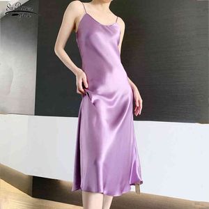 Kvinna klänning vestidos satin ärmlös spaghetti rem rak solid lyxig glänsande sundress sexig imitation silke grön 13115 210521