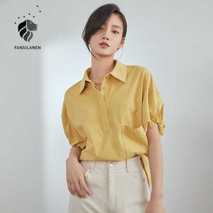 Fansilanen Ofis Bayanlar 100% Pamuk Sarı Kısa Kollu Gömlek Polo Yaka Gevşek Bluz Kadın Yaz Tarzı 210607