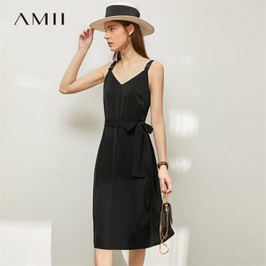Minimalismo Primavera verão sólido vestido de estilingue para mulheres Causal cintura alta frouxo cinto preto 12040125 210527