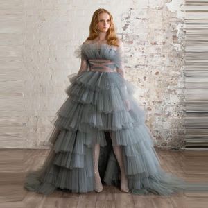 Long Grey Stropless Tulle Ruffled Bröllopsklänning Formell Party Custom Ballet Kjol