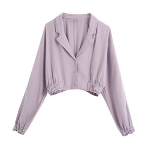 Фиолетовый отворотный урожай блузки женщин V-образным вырезом однобортный летучий рукав рукава женских рубашек Blusas Chic Tops 210430