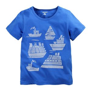 Blå pojkar T-shirts Båtfartyg Barn sommarkläder Mode Kids Tee Shirts Jersey Baby Outfits 100% Bomull 1-6 år Toppar 210413