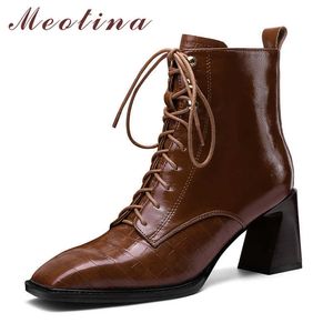 Meotina Kısa Çizmeler Kadın Ayakkabı Hakiki Deri Kalın Topuklu Ayak Bileği Çizmeler Kare Toe Lace Up Zip Yüksek Topuk Bayan Çizmeler Sonbahar Kahverengi 210608