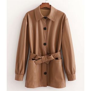 여성 가을 ​​PU 셔츠 코트 재킷 긴 소매 쉐슈 나이 넥타이 싱글 브레스트 여성 패션 스트리트 자켓 겉옷 210513