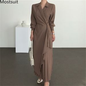 Kore Şık Asimetrik Pileli Uzun Elbise Kadın Çentikli Yaka Tam Kollu Elbiseler Ofis Moda Bayanlar Vestidos Femme 210513