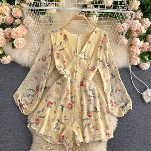 SINGREINY French Print Jumpsuits Women Sweet V Neck Puff Sleeve Casual Rompers Autumn Bohemian Print Wide Leg Short Rompers 210419