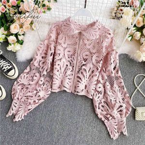 Verão elegante mulheres lace blusa camisa oca out crochet chique manga longa zíper blusas sexy top 210415