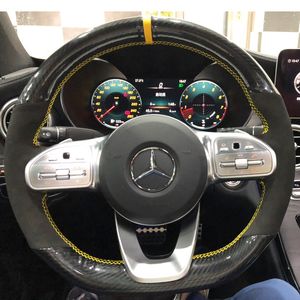 Fashion 5D Carbon Fibersede Leather Yellow Marker Kierownica Ręcznie Szycie Wrap Pokrywa Fit dla Mercedes-Benz A-Class W177 2018-2019