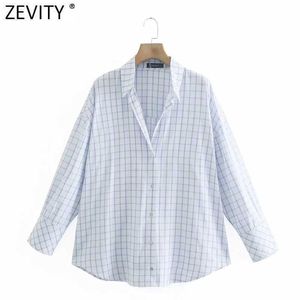 Zevity女性のファッション格子縞の印刷カジュアルな緩いシャツのオフィスの女性長袖ビジネスブラウスシックな女性Blusas Tops LS9167 210603