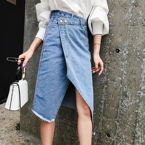 Etekler Streç Sıska Kadın Kalem Etek Rahat Yüksek Bel Düzensiz Bölünmüş Kadın Jean Püskül Streetwear Mavi Cepler Denim