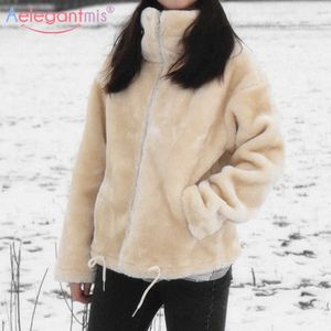 Aelegantmis förtjockad varm mjuk faux päls fluffig kappa kvinnors vinterjacka kvinnlig koreansk chic furry outwear artificiell överrock 210607