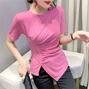 Solid Basic Short Sleeve Kvinnor Tshirt Casual Folds Diamond Fashion Crop Top T Shirt Ladies Koreanska Tee Y2K Toppar 210507