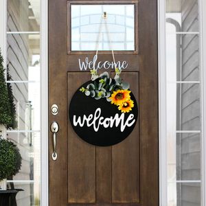 American country wooden Decorative Flowers welcome doorplate sunflower bow decoration wreath door