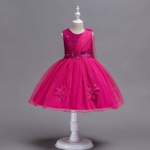 夏の子供のウェディングドレスちょう結びネットガーゼスカート女の子赤い王女のドレスイブニング服レーススカート