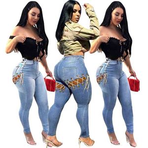 Skinny Pants for Women Broeken Lace Up Jeans Sexy High Waisted Streetwear Denim Jeggings Wholesale Drop 210925