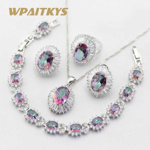 Серебряные цвета свадебные ювелирные изделия для женщин многоцветные радуги кристалл ожерелье подвесные браслеты серьги кольца бесплатная подарочная коробка H1022