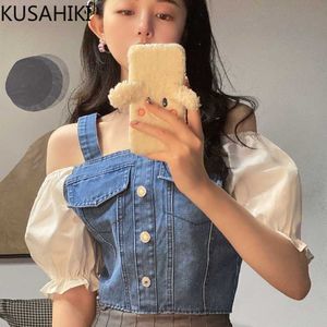 Demin patchwork puff kortärmad blus skjorta söta koreanska straplösa kvinnor toppar sommar blusas 6g356 210603