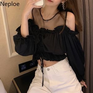 Neploe Sexy Lady Blouses Women Off Shoulder Crop Tops Spring Korean Fashion Shirt Sweet Ruffles Patchwork Gaze Tops 94775 210422