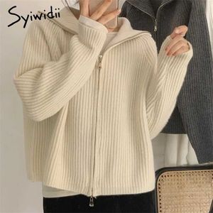 Syiwidii ​​vintage stickad cardigan hajuku tröja för kvinnor fall mode dubbel dragkedja överdimensionell jacka svart beige coats 211011