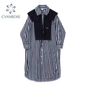 Striped shirt klänning kvinnor med sjal långärmad lapel koreanska casual kontor damer vestidos kvinnliga lösa raka frökor 210417