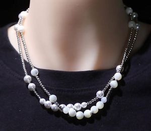 8MM SOLID ROUND PEARL BEAD STAINLESS STEEL CHAIN Necklace 14K WHITE GOLD DIAMOND 18inch Hip Hop Jewelry for Men Women gifts