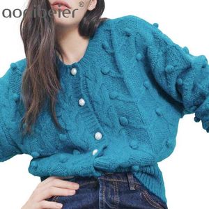 Costume Jewelry Pearl Button Twisted Ball Knit Jacket Fashion Chic Lady Elegant Sweater Cardigan Outwear 210604