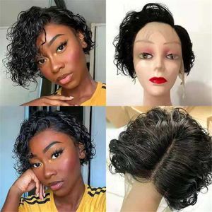 13x4x1 Lace Wigs with T Part Short Curly Brazilian Human Hair Wig for Black Women 150% Density Natural Color