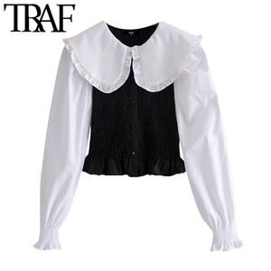 TRAF DONNE Sweet Fashion Patchwork Bruffe Crouped Bloge Vintage Long Abboap Abbottini camicie femminili Blusas Chic Tops 210415