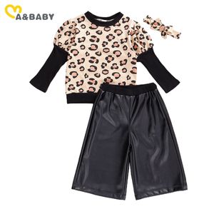 2-7y outono inverno criança criança meninas roupas conjunto leopardo de malha tops pu calças de couro roupas trajes crianças 210515