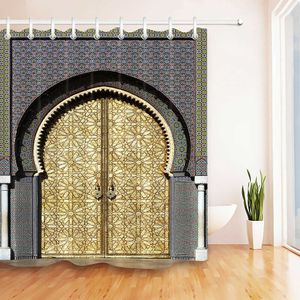 Marokkanischer Duschvorhang, antike gewölbte Türen, Marokko, gelber Türknauf, ornamental, geschnitzter Stoff, Badezimmer-Dekor, Vorhänge mit Haken 210609