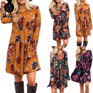 Casual Dresses Yellow Floral Dress Empire Waist Sukienka Shirred Frill Robe Femme 2021 Boho Clothing Wear Women Long Sleeve