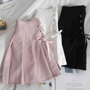 Summer leisure lace-up student short skirts summer thin high-waist pleated Korean pure color hip female trend 210420