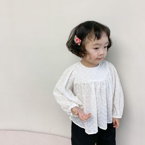 Nova Primavera Meninas Bebê Branco Laço Princesa Blusas Cor Sólida Crianças Tops Crianças Camisas 210413