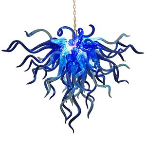 青い色のランプ現代のシャンデリアのシンプルなスタイルのクリエイティブな手の吹き付けガラスチャンディリーズリビングルームホール二重ビルペンダント照明LEDランプ