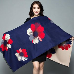 Scarves Winter Scarf Flower Thicker Women Wool Cashmere-Like Neck Head Warm Hijabs Pashmina Lady Shawls And Wraps Soft Blanket