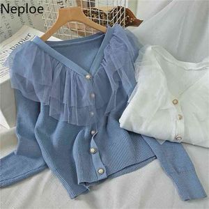 Neploe Double Lace V Neck Cardigans Sweater Long Sleeve Single Breasted Design Straight Slim Pull Femme Coat Autumn Knit 47916 210914
